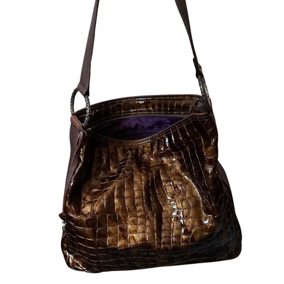 Brighton Bronze Patent Leather Croc Embossed Purse Shoulde Bag Hobo Tote